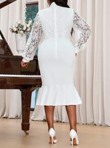 SHEIN Lady 白色领口吊带蕾丝连衣裙修身鱼尾优雅长袖大码连衣裙情人节新年 - 白色 - 查看 2