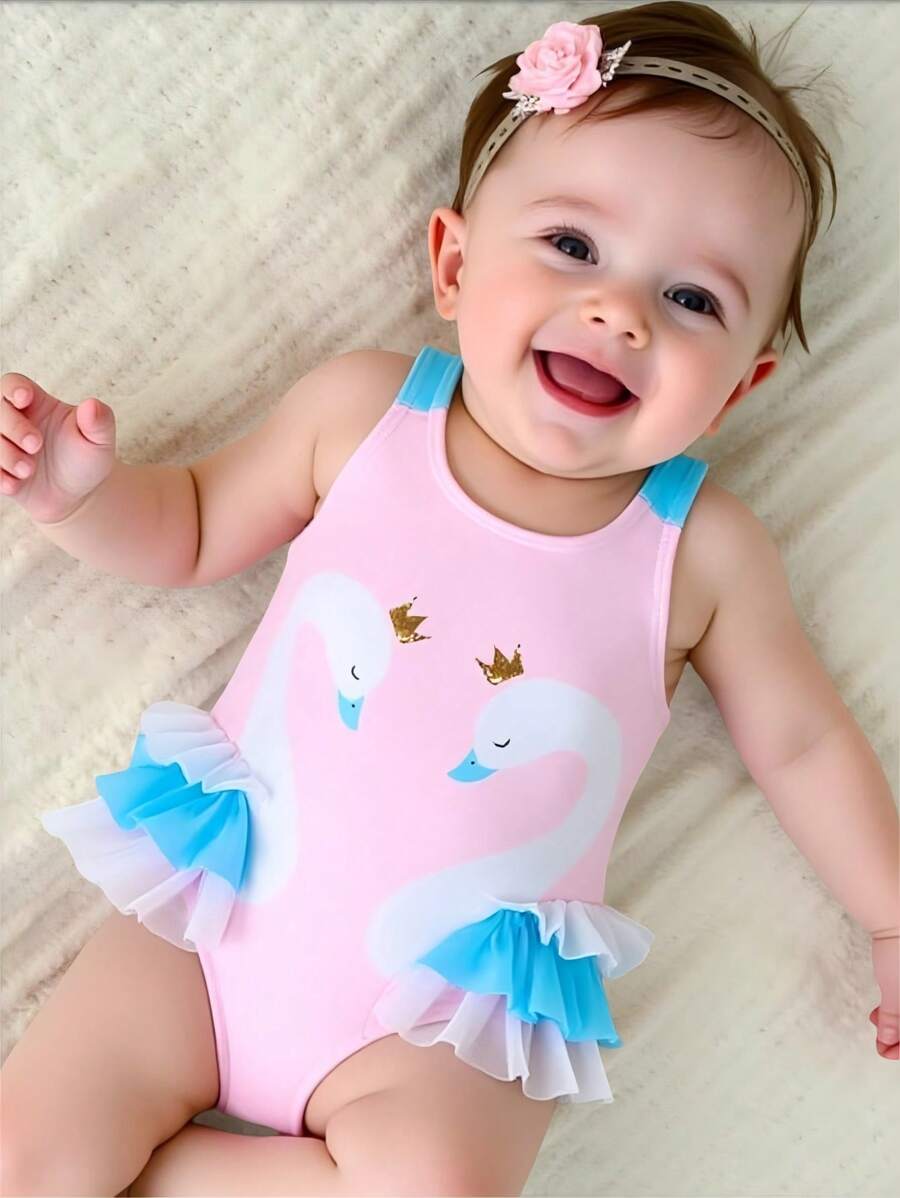 SHEIN Baby Girl Cute Swan Print Contrast Mesh One-Piece Swimsuit, Summer - Pink - View 1