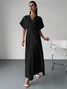 Firerie 女士优雅简约精致浪漫迷人日常、斋月、情人节、派对、节日 V 领褶皱腰露背系带 A 字长裙，白色 - 黑色 - 查看 5