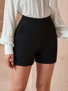 SHEIN Cottnline Women's Solid Color High Waist Pocket Casual Shorts - Black - View 2