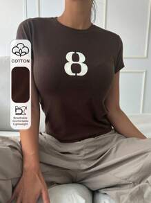 DAZY 數字印花圓領t恤 - 咖啡棕 - 查看 1