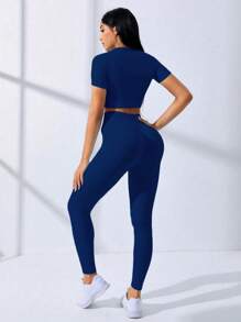 SHEIN Core Rhythm High Elastic Seamless Women Solid Color Short Sleeve T-Shirt And Leggings Sportswear Set Workout Clothes Women Women S Athletic Sets Women Clothing Exercise Women S Clothes Workout Pants Women - Navy Blue - View 4