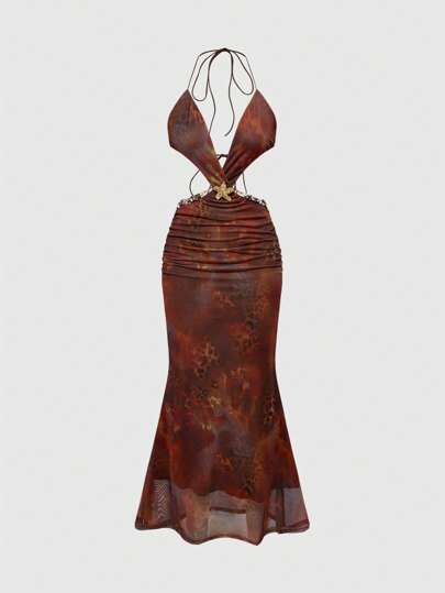 Abito lungo scivolo vintage sexy Y2K con scollo a V profondo, corpetto decorato con fiori in metallo tagliati, stampa leopardata, schiena scoperta