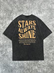SHEIN Teen Boys' Washed Contrast Color Letter Print Short Sleeve T-Shirt, Casual College Style, Comfortable, Simple, Versatile, Soft, Suitable For Daily Wear, School, Travel, Sports