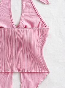 SHEIN WYWH 休闲吊带金属扣系带领口紧身不对称下摆开衩下摆背心 - 粉色 - 查看 7
