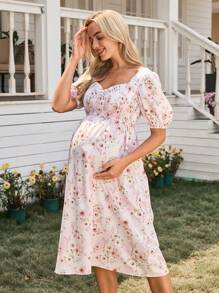 SHEIN 孕妇花卉印花甜心领短款泡泡袖连衣裙母亲节母亲节荷叶边婚纱宾客新娘妈妈婚礼泡泡裙 - 粉色 - 查看 4