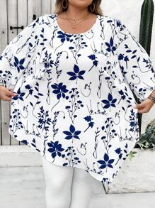 SHEIN CURVE+ CURVE Plus Size Casual Minimalist All-Over Print Shirt, Spring/Autumn, Curve Plus, Boho Vacation Beach Outfits For Woman/Beach /Beach Vacation Outfits/Beach Essentials / Graduation/Tea Party  - Multicolor - View 4