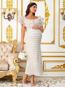 SHEIN 优雅孕妇露肩荷叶边下摆夏季连衣裙 - 白色 - 查看 6