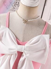 Tween Girls' Elegant Color Block Mesh Patchwork Bow Decor Summer Dress