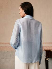 Anewsta 优雅花卉蕾丝边春夏薄款透明长袖女式衬衫，法式浪漫商务休闲复古风格 - 淺藍色 - 查看 2