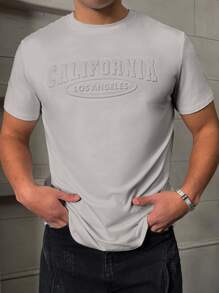 Manfinity Homme Men's Casual Plain Letter Embossed Short Sleeve T-Shirt, Summer Men T Shirts Slim Fit