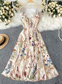 Trelyra 女士花卉印花 A 字形连衣裙，搭配系带蝴蝶结细肩带，优雅度假和日常穿着 - 彩色 - 查看 3