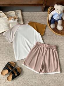 Blossori Young Boys French Elegant Splice Raglan Sleeve Crew Neck T-Shirt And Shorts Set, Spring/Summer - Multicolor - View 2