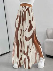 SHEIN Essnce Quần ống rộng xếp ly xẻ tà cao thời trang in khối màu - Màu nâu  Mocha - Xem 5