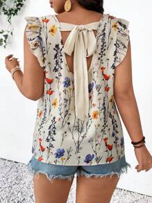 SHEIN Frenchy Plus Size Women's Holiday Floral Print Cap Sleeve Fashion Blouse - Multicolor - View 6