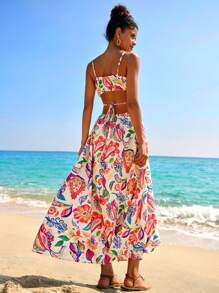 Travachic Woven Printed Sleeveless Hollow-Out Dress For Women, Spring/Summer Vacation