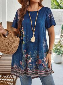 EMERY ROSE Blusa casual con cuello redondo y manga corta, con estampado floral, para uso diario, atuendos de verano para mujer/verano, ropa de mujer para vacaciones tropicales