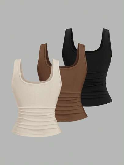 Sweetra Plus Size Women's Summer Short Square Neck Pleated Casual Tank Top