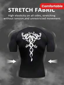 Manfinity Sport Corelite Herren Kurzarm T-Shirt mit Chinesischem Drachenmuster und Rundhalsausschnitt für Sport