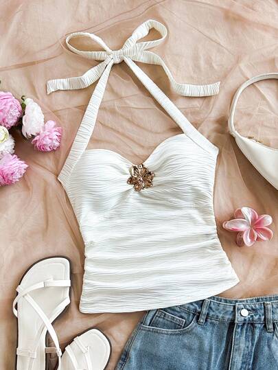 Soleia Plus Size V-Neck Floral Metal Buckle Ribbed Knit Fitted Tank Top, Suitable For Vacation, Music Festival, Boho, Holiday, And Casual Meetups