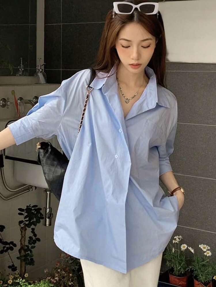 Women's Solid Color Lapel Loose Short Sleeve Shirt, Light Blue, Spring/Summer