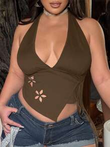 Flirla Plus Size Women Deep V Neck Asymmetrical Hem Lace Up Cami Top - Coffee Brown - View 5