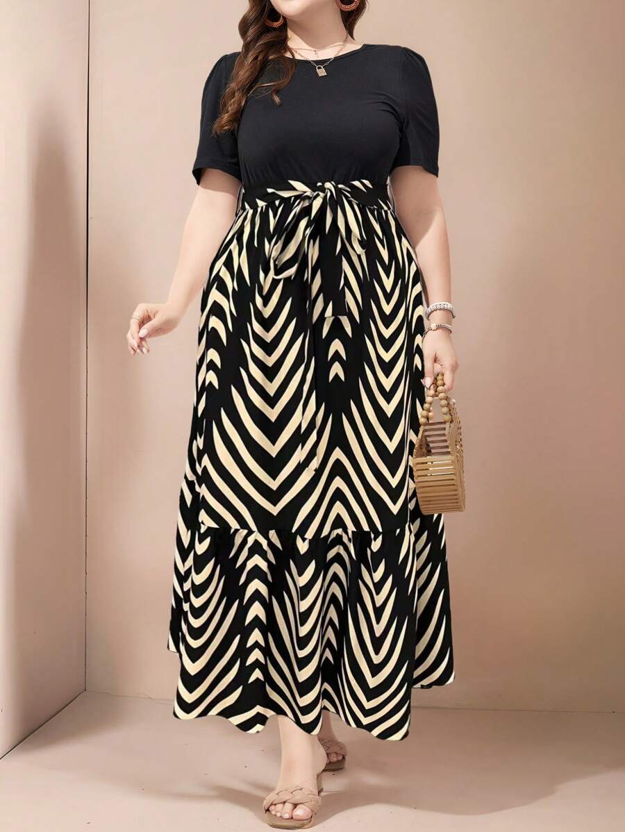 Flouryn Vestido de tallas grandes con contraste de color y estampado geométrico estilo bohemio para primavera/verano - Multicolor - Ver 1