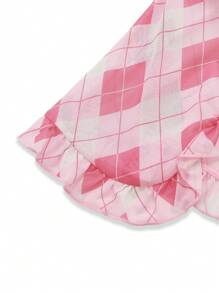 Plaid Front Slit Chest Ruched Ruffled Hem Cute Sweet Teenage Girls Camisole - Pink - View 3