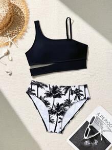2025 新款纯黑色比基尼套装，时尚沙滩泳池两件套泳衣，适合少女黑色
