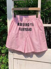 Comfortcana Women's Summer Letter Print Striped Elastic Waist Loose Casual Shorts Biker Shorts, Vacation Woman, Brunch For Women - Pink - View 5