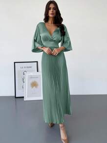 Firerie Vestido largo elegante y romántico de cuello en V con mangas con volantes, cintura alta y plisado dorado