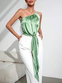 Firerie Plus Size Women Elegant Green Satin One Shoulder Asymmetric Hem Top With Tie Front, Suitable For Business Events, Fashion Commute, Heritage Style, Country Music Festival, Office Attire - Green - View 8