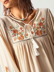 Bohemela 1 件女士度假纯色梭织镂空 V 领长袖衬衫 - 杏色 - 查看 3