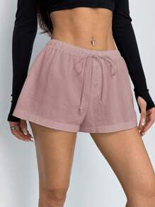 SHEIN PETITE Pantalones cortos casuales sueltos de mujer con cordón en la cintura y unicolor