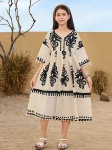 SHEIN Tween Girl Loose A-Line Retro Print Fringe Decor Long Dress - Apricot - View 2