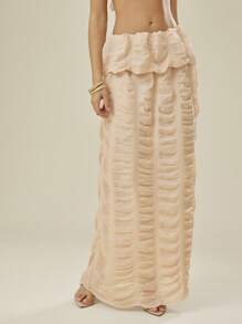 L'Amorae Elegant Romantic Vacation Semi-Sheer Shirred Detail Bubble Maxi Skirt - Baby Pink - View 5