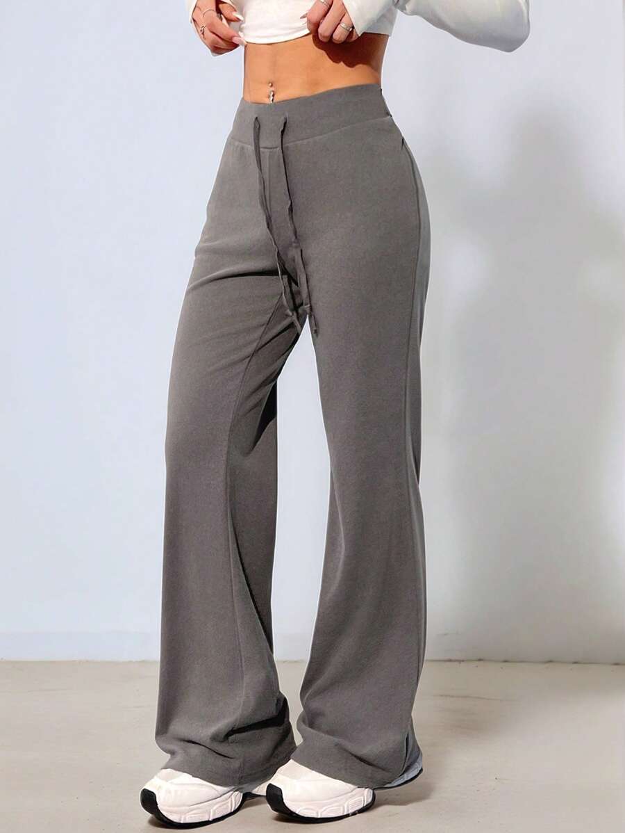 SHEIN Tall Women's Solid Color Drawstring Waist Casual & Versatile Flared Long Pants - Grey - View 1
