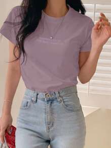 DAZY Áo thun nữ cổ tròn tay ngắn in khẩu hiệu phong cách học sinh - Màu tím - Xem 4