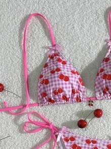 SHEIN Countryside Style Cherry Print Cute Bikini Set, Swimming, Holiday, Beach Party Bikini Set - Pink - View 5