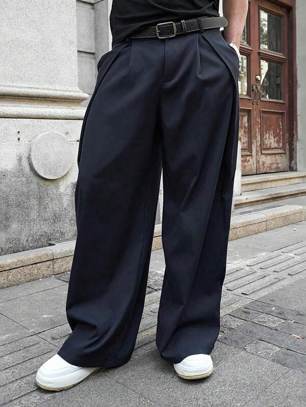 Manfinity Roghcode Pantalon ample japonais surdimensionné à jambes larges 2 en 1 à design de niche pour hommes, cadeau pour petit ami, pantalon long surdimensionné de couleur unie pour mari, automne