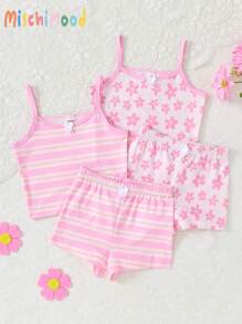 4pcs Set Girls Adorable Pink Series Floral & Stripe Print Camisole & Shorts Underwear Set - Multicolor - View 1