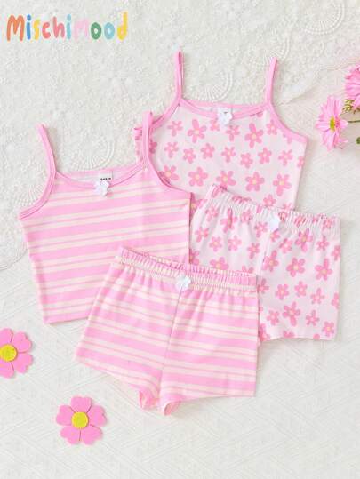 4pcs Set Girls Adorable Pink Series Floral & Stripe Print Camisole & Shorts Underwear Set