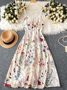 Breezaya Women's Elegant Casual Print Cinched Waist Spaghetti Strap Long Dress