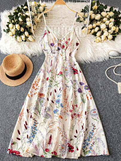 Breezaya 女式优雅休闲印花束腰细肩带长裙