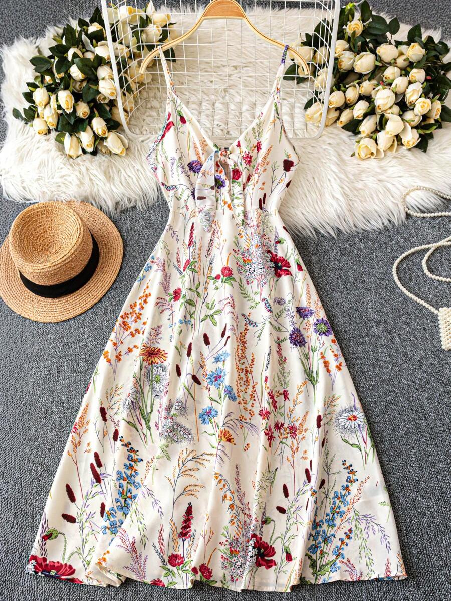 Breezaya Women's Elegant Casual Print Cinched Waist Spaghetti Strap Long Dress