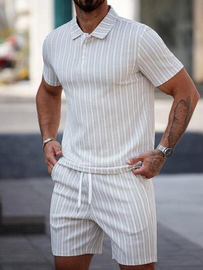 Manfinity CasualCool Men's Striped Short Sleeve Polo Shirt And Drawstring Waist Shorts Set, Men Two Pieces Sets