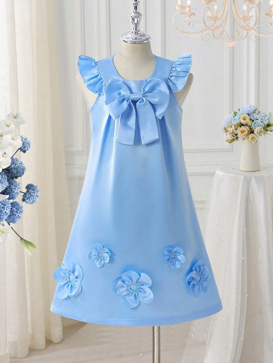Mädchen süßes Kleid mit Schleife, Rüschen-Ärmeln und A-Linie, vereint Süße, Eleganz und kindliche Anmut, geeignet für Sommeralltagsleben und Feierlichkeiten - Babyblau - Übersicht 1
