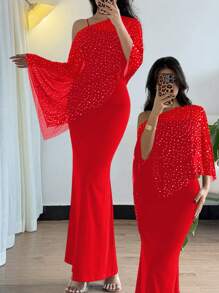 Islaluna Elegant Sequin Mesh Asymmetrical Neck Top And Spaghetti Strap Fish Tail Dress 2 Pieces Set - Red - View 1