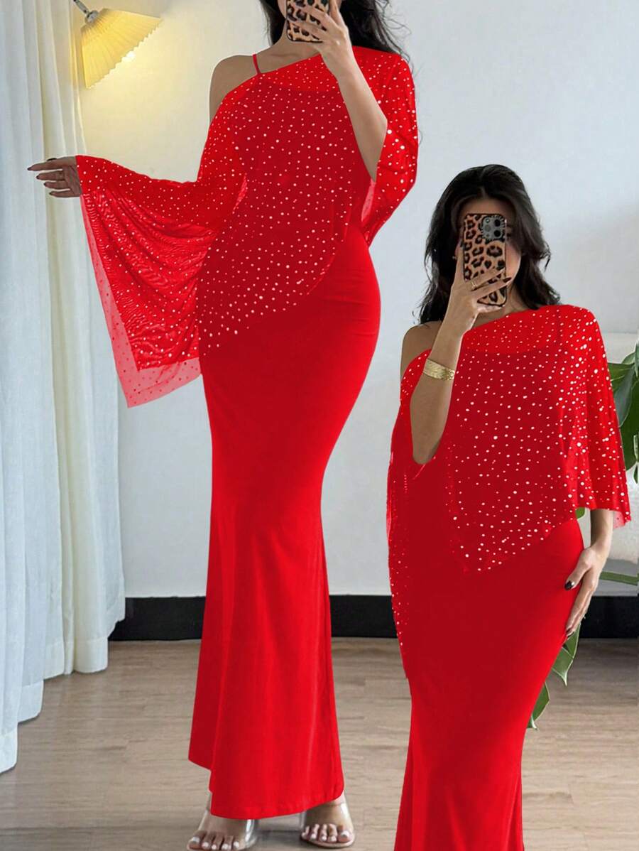 Islaluna Elegant Sequin Mesh Asymmetrical Neck Top And Spaghetti Strap Fish Tail Dress 2 Pieces Set - Red - View 1