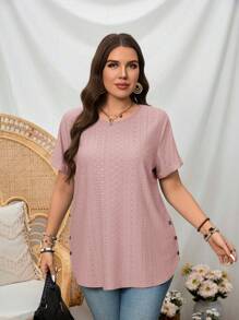 SHEIN LUNE Camiseta casual de talla grande de manga corta y cuello redondo de unicolor - Rosa vieja - Ver 6